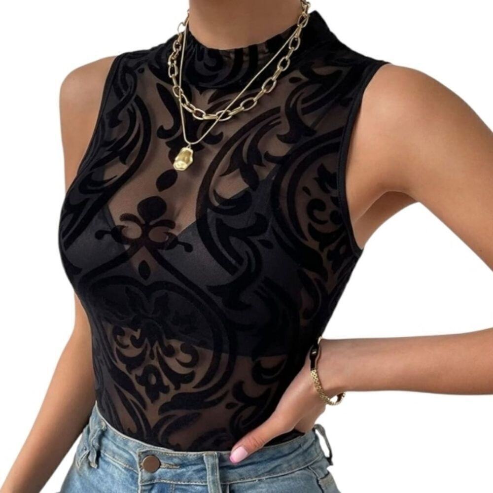 Elegant Sexy Geometric-Patterned Black Sleeveless Bodysuit Knit Fabric Crew Neck - Picture 9 of 11